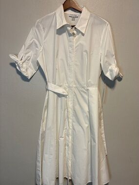 NWT Calvin Klein white poplin shirt dress short sleeves with tie belt, Size 4